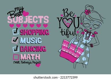 Girls Design. A collection of Girls wants and needs plus their hobbies. Editable colors and vector curves.  For your t-shirts, stickers or cover designs. Hope you like it. 