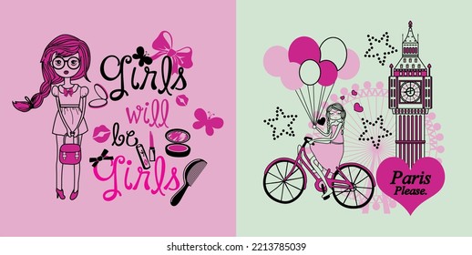 Girls Design. A collection of Girls wants and needs plus their hobbies. Editable colors and vector curves.  For your t-shirts, stickers or cover designs. Hope you like it. 