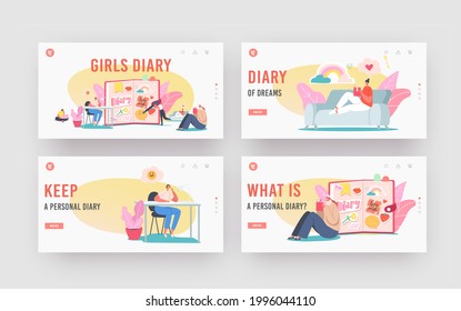 Girls Diary Landing Page Template Set. Tiny Female Characters Writing Memoirs in Notebook. Teenagers Sitting on Floor, Couch or Desk Put Notes in Notepads. Cartoon People Vector Illustration