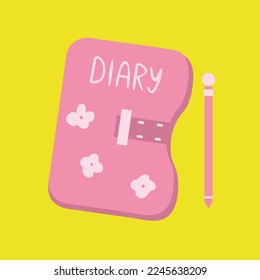 Girl's diary and pen isolated on a bright background. Hand drawn modern vector illustrations in 90s retro style
