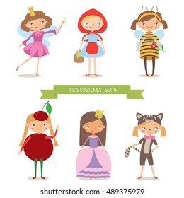 Girls in different costumes for party or holiday. Red Riding Hood, fairy, bee, cherry, princess and kitten. Cartoon vector illustration