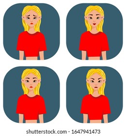 Girls with different facial expressions and emotions. Cartoon style. Vector illustration