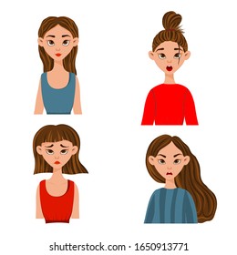 Girls with different facial expressions and emotions. Cartoon style. Vector illustration