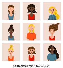 Girls with different facial expressions and emotions. Cartoon style. Vector illustration