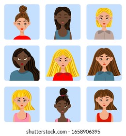 Girls with different facial expressions and emotions. Cartoon style. Vector illustration