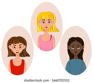 Girls with different facial expressions and emotions. Cartoon style. Vector illustration