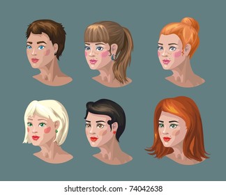 girls with different hairstyles. set of vector avatars