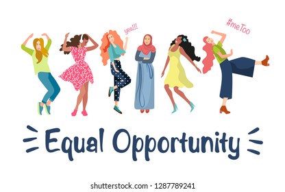 Girls of different nationalities advocate for gender equality. The concept of women's liberation, equality, feminism, female friendship. Vector illustration of drawn people