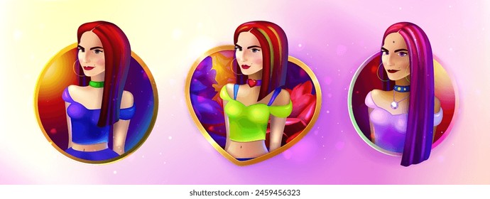 Girls of different nationalities. Beautiful Fashion women avatar . Vector illustration with different  multicultural girls in colorful cartoon style. Eps 10
