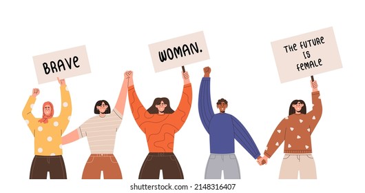 Girls of different nationalities hold hands. A group of young women are holding posters with inscriptions. Feminism, equality concept.