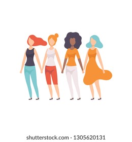 Girls of Different Nationalities Holding Hands, Young Women Advocating for Gender Equality, Freedom, Civil Rights, Independence Vector Illustration