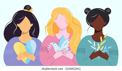 Girls of different nationalities and skin colors hold a heart, spring branches, a dove of peace in the colors of the flag of Ukraine. Support for Ukraine. Peace to the world. Vector flat.