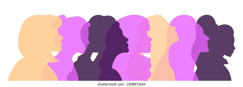 Niñas de diferentes nacionalidades y colores de piel en perfil. Grupo de perfil de silueta de mujeres de cultura diversa. Mujeres de diferentes etnias: Africano, asiático, chino, europeo, latinoamericano, árabe.