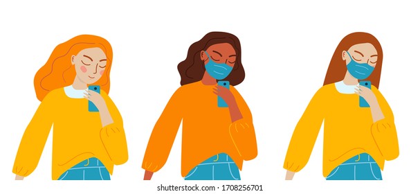 Girls of different nationalities take selfie. Set of illustrations in a flat style.