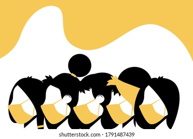 Girls of different nationalities wearing protective masks. Young girls in yellow masks. Quarantine banner. Coronavirus epidemic. Vector illustration.