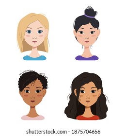 Girls of different nationalities. Women with different color hair: blonde, brunette, black-haired. With straight, curly hairstyles, short and long hair, a bun. Asian, Afro, Slavic appearance