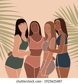 Niñas de diferentes naciones en ropa interior. Abrazos de mujeres, Día Internacional de la Mujer, amistad. Ilustración vectorial.