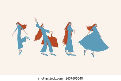 girls in different poses, flat female cartoon characters. fashion modern woman in trendy clothes, sunglasses, long hair style. girl power concept. 