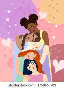 Girls of different races and nationalities supporting and hugging each other. Concept for love, diversity, international relationship and female support. 