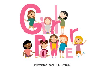 Girls of different races in different poses hold pink letters that are folded into the words Girl Power. Feminism and women's rights. Vector illustration
