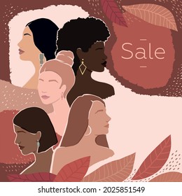 girls of different races together on an abstract autumn background with leaves. modern vector flat illustration with inscription sale with free space for your design and text. isolated by layers
