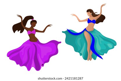 Niñas de diferentes colores de piel bailan danza oriental del vientre. Dibujo brillante de vectores aislado en fondo blanco