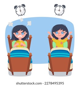 Girls with different sleep schedule vector illustration. Angry and happy person in bed after waking up. Clock on white background. Sleep deprivation, bedtime routine, health concept