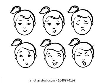 girls with different types of moods. Set of faces.