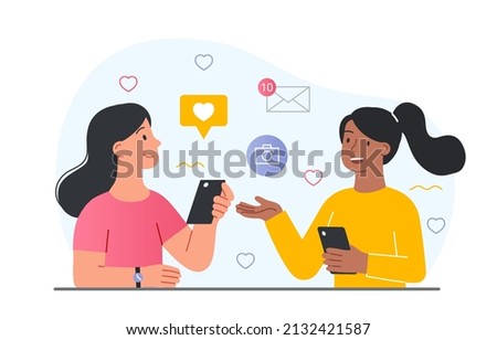 Girls discuss with phone. Modern technology and addiction to gadgets. Teenagers with smartphones talking, sharing news and content. Girlfriends discuss rumors. Cartoon flat vector illustration