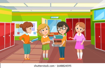 Girls discussing subjects in corridor vector, interior of hallway with lockers. Children with books smart classmates wearing glasses education, back to school concept. Flat cartoon