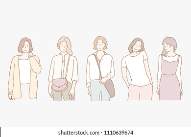 girl's diverse fashion styles. hand drawn style vector doodle design illustrations.