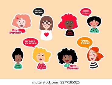 Girls, diversity vector illustration, portraits of young female persons with speechbubbles, typography 