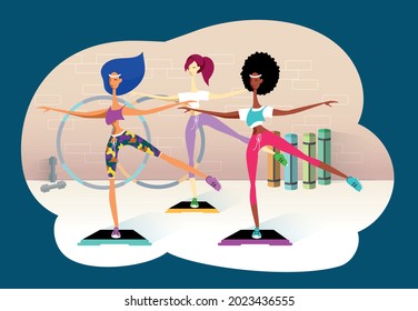 girls do aerobics on a step platform in the gym