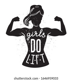 Las chicas se levantan. Ilustración vectorial de fitness para mujeres. Silueta negra femenina, frase inspiradora escrita a mano y textura gruesa. Diseño de cartas, afiches o impresiones sobre la motivación para el deporte.