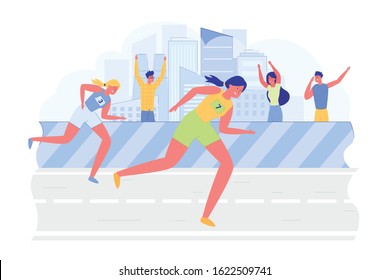 Girls do their Best to be First in Competition. Athletes Participate in Race, they Quickly Run to Win. Spectators Stand behind the Fence and Cheer Marathon Participants with Glee, behind them City.