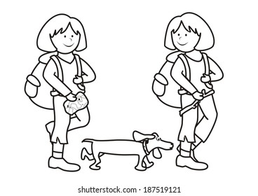 girls and dog - coloring book, vector illustration