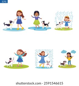 girls with dog playing in the garden 