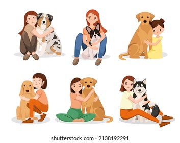 Girls and dogs on a white background. A set of illustrations. Love for animals. Cartoon design.