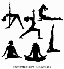 Girls doing asanas. Women doing yoga, exercises, relaxes. Black silhouettes set. Stock vector illustration isolated on white background.