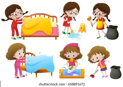 Girls doing different chores illustration