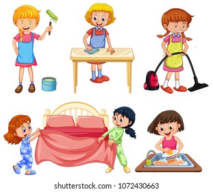 Girls doing different chores on white background illustration