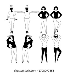 Girls doing exercises flat vector illustration. Fitness and health theme. Motivational sport banner . Black and white. 

