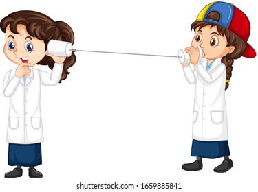 Girls doing experiment on sound wave on white background illustration