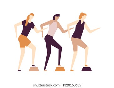 Girls doing fitness - flat design style colorful illustration on white background, brown palette. High quality composition with active female characters, women doing exercise with a stepper at the gym