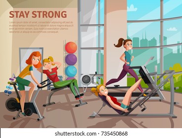 Girls doing fitness on treadmill, bike, bench in exercise room with big window, colorful balls vector illustration