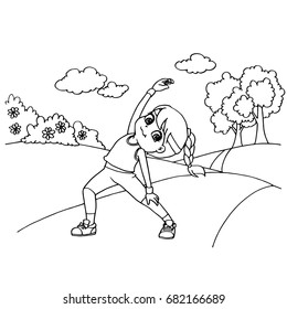 Girls doing gymnastic exercises or exercising  cartoon coloring page vector