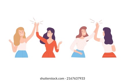 Girls doing high five set. Informal greeting, command motivation, friendship and communication vector illustration