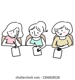 Girls doing homework together. Cute teenage girls doing homework. Portrait of three girls doing homework, helping each other working on their assignment. Vector illustration with hand-drawn style.