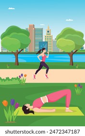 Girls doing jogging and yoga in park. women doing exercise in park vector illustration.