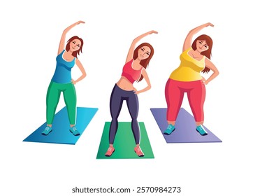  Girls doing morning exercises, girls doing sports, doing exercises, fitness, dancing, group sports. Flat Vector Illustration.